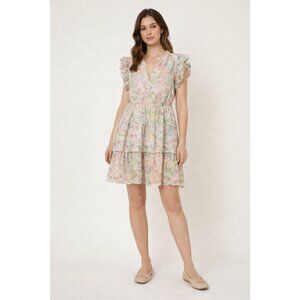 FATE Tiered Floral Dress Pink Sleeveless Eyelet Lined Womens Small V-Neck